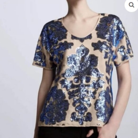 Tracy Reese Target Neiman Marcus Beige Blue Sequin Shirt Top XS Shiny Glam Party - Picture 1 of 7